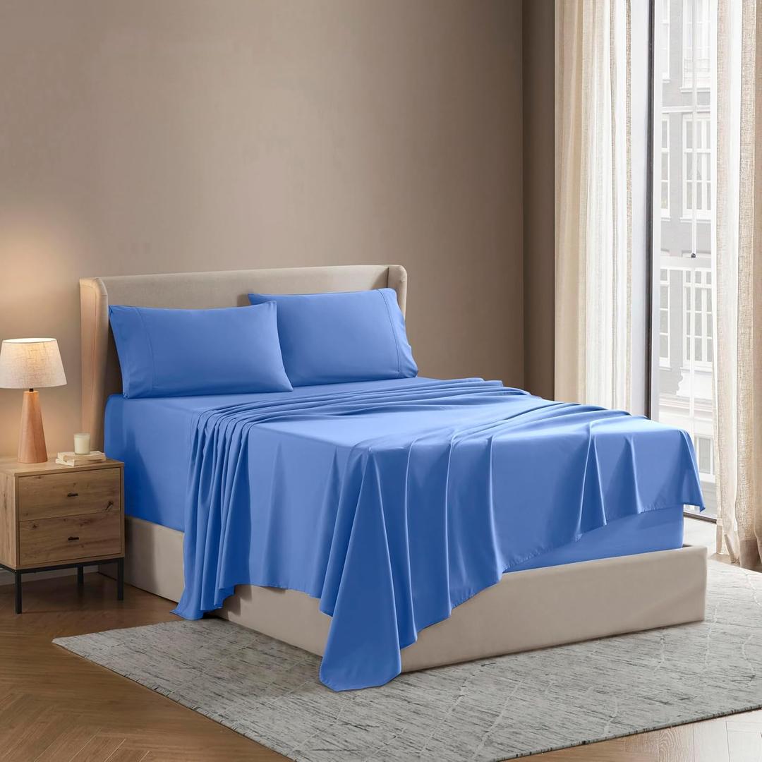 Nestl Short Queen Bed Sheet Set - Calm Blue - 4-Piece Deep Pocket | Instantly Soft, Night-One Ready (No Wash Required). Fits 16-Inch Deep Pockets, 360-Degree Elastic Grip