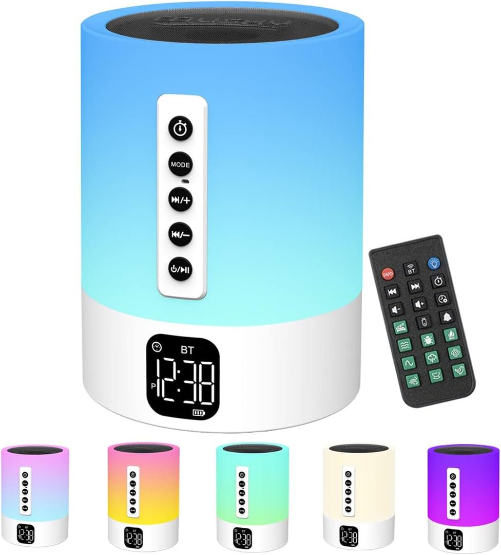Alarm Clock Bluetooth Speaker, Night Light White Noise Machine Touch Bedside Lamp with Alarm Clock for Kids MultiColor Changing Night Light Xmas Gifts for Teenage Girls Boys Women Teen Girl Gifts