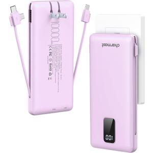 Charmast Portable Charger with Built-in Cables & Wall Plug, 10000mAh Portable Power Bank, External Battery Pack Travel Essentials Compatible with iPhone 16/15/14/13, Samsung, iPad etc (Purple)