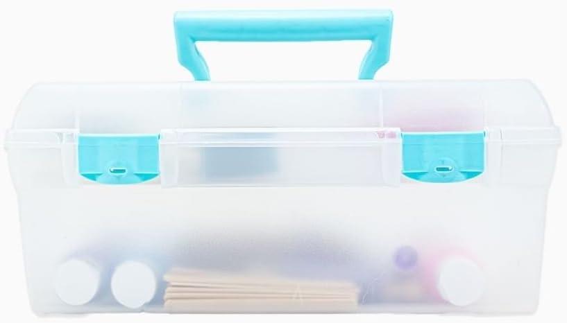 ArtBin 6937AG Essentials Lift-Out Tray Box, Portable Art & Craft Organizer with Handle and Tray, Clear/Aqua (Aqua Mist Latches)