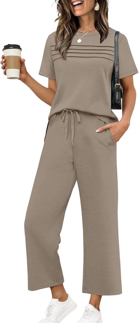 WIHOLL Two Piece Sets for Women Summer Spring Travel Vacation Outfits Short Sleeve Lounge Sets Side Slit Wide Leg Pants S