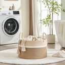 KAKAMAY Large Blanket Basket (20"x13"),Woven Baskets for storage Baby Laundry Hamper, Cotton Rope Blanket Basket for Living Room, Laundry, Nursery, Pillows, Baby Toy chest (White and Brown)
