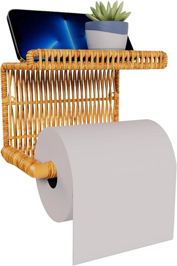 Synthetic Rattan Toilet Paper Holder with Shelf  Fits Mega Rolls, Boho Bathroom Decor Roll Holder for RV, Washroom, Kitchen  Water-Resistant Woven Tissue Dispenser (Natural, Screw Mount)