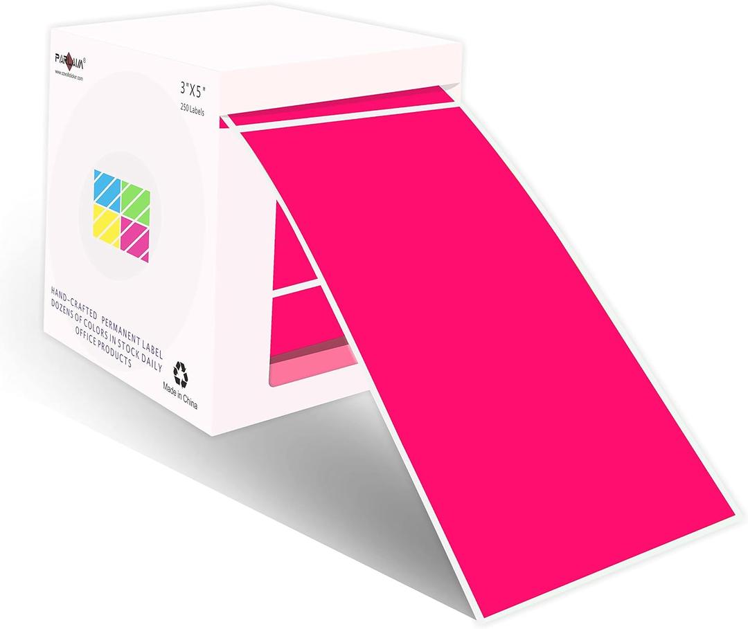 PARLAIM 3 X 5 Inch Rectangle Adhesive Color Coding Stickers,Square Colorful Inventory Stickers -250 Per Dispenser Box (Fluorescent Pink) (1 Roll-250 Pack)