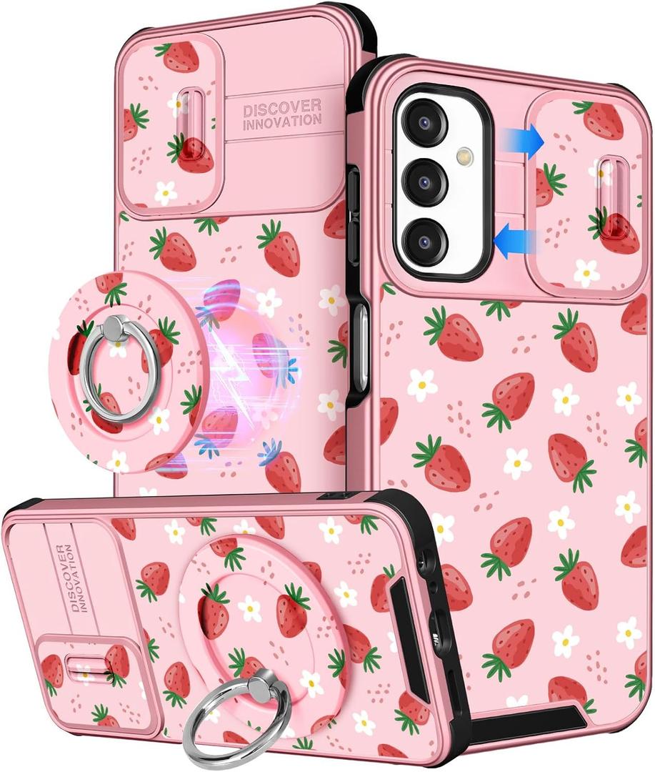 Buleens for Samsung Galaxy A16 5G Phone Case - with Ring Stand & Camera Cover Aesthetic Cute Designed for Women Girls Girly Kawaii Strawberry Teens for Samsung A16 5G Cases Compatible with Magsafe