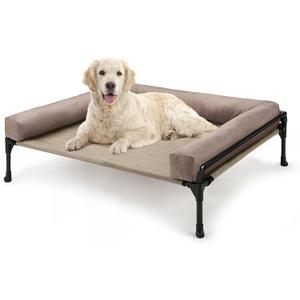 Veehoo Elevated Raised Dog Bed-Cooling Outdoor Dog Cot Bed for Large Sized Dogs Three-Sided Fence Raised Pet Cot with Mesh &No-Slip Feet Dog Hammock Bed with Removable Bolster-35 x 22" Beige Coffee