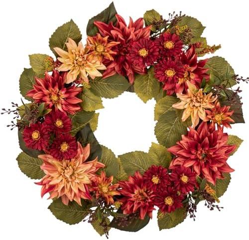 24" Artificial Christmas Wreath for Front Door Flower Wreath with Burgundy Dahlia and Mums Christmas Decorations for Home Farmhouse Wall Mantel Décor