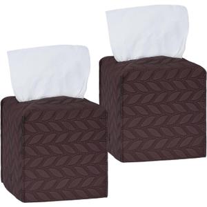 Tissue Box Cover 2-Pack, Square Tissue Holder with Bottom Belt, Modern Tissue Case Facial Paper Organizer Dispenser for Bathroom, Office, Home, Table, Car, Leaf Pattern Brown