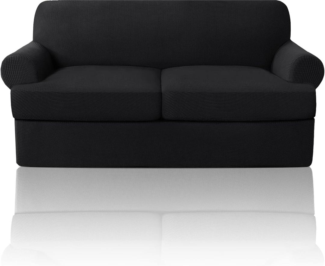 PrinceDeco T Cushion Loveseat Slipcover 3 Pieces Sofa Covers for T Cushion Sofa Stretch Slip Covers for 2 Cushion Couch with 2 Individual T Shape Seat Covers Width Up to 72"- Washable, Black
