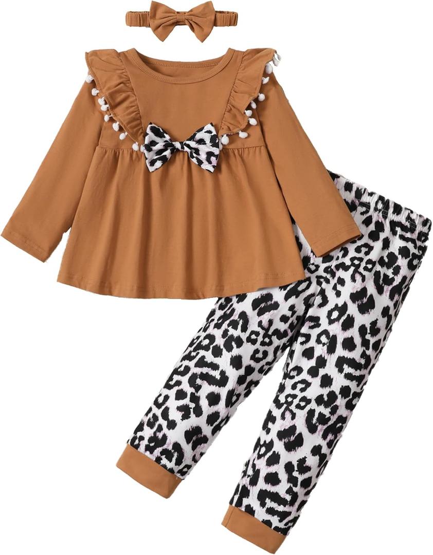 mksodopy Toddler Girl Clothes Girl Fall Winter outfits Cotton Long Sleeves Ruffle Top Pants Little Girl Clothing Set (4-5T, Brown)