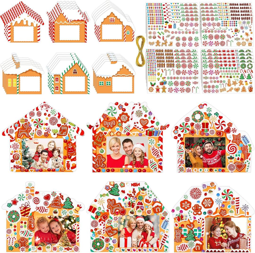 Jetec 48 Sets Gingerbread House Christmas Picture Frame Craft Kits with Stickers DIY Christmas Photo Frame Craft Candy Gingerbread Craft Picture Frame Ornament for Christmas Tree Home Decor Gift