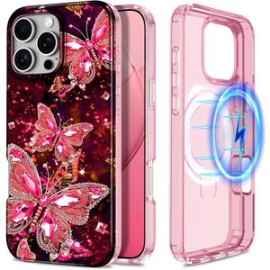 2 x Hekodonk for iPhone 16 Pro Max Case,Compatible with MagSafe,Glow in The Dark Full Body Rugged Protection Slim Shockproof Glossy Stylish Women Girls Case for iPhone 16 Pro Max 6.9 inch,Rose Gold