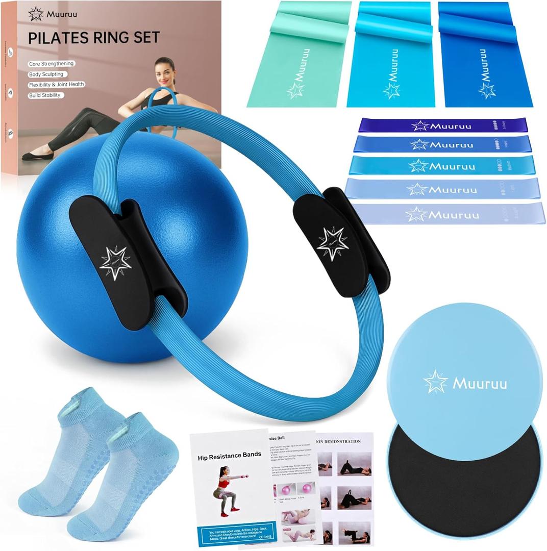 Pilates Ring Set, Pilates Essentials Kit for Home Workouts Women, Yoga Equipment Set with 14 Inch Magic Circle, 9.8 Ball, 5 Resistance Bands, 3 Long Stretch Bands, Core Sliders, Non-slip Socks