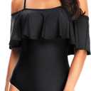 Tempt Me Women's One Piece Swimsuit Vintage Off Shoulder Ruffled Bathing Suits (Large, Black)