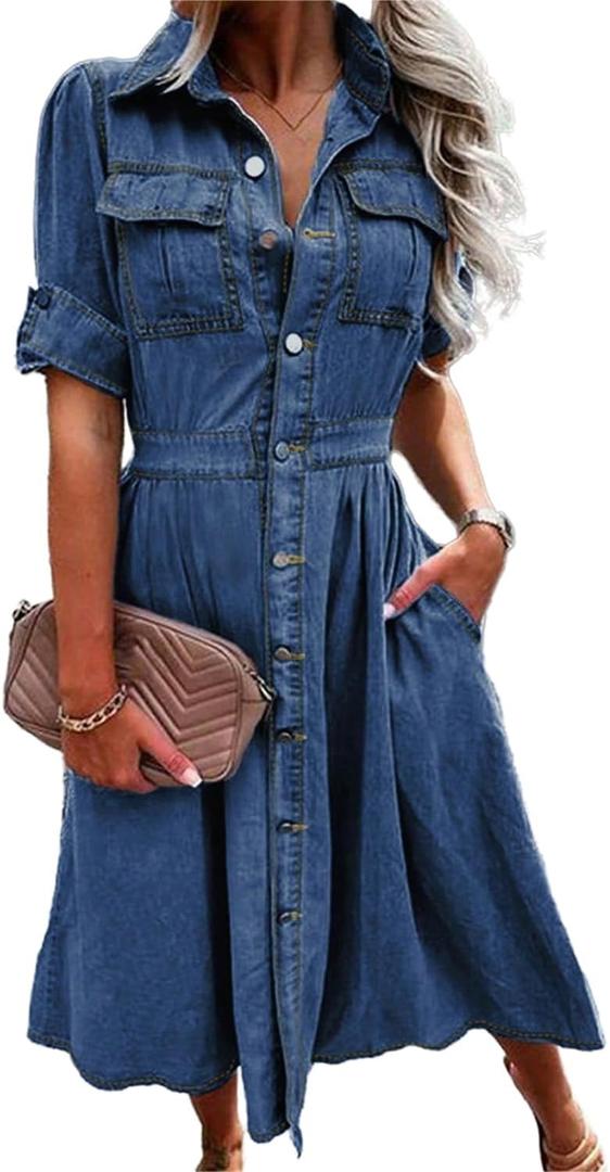 Women Denim Shirt Dress V Neck Short Sleeve Long Bottom Down A-Line Jeans Dresses with Pockets (Deep Blue), Size: Large
