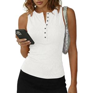 Cicy Bell Womens Henley Tank Tops Slim Fit Summer Casual Sleeveless T Shirts Going Out Ribbed Basic Tee Tops (White, L)