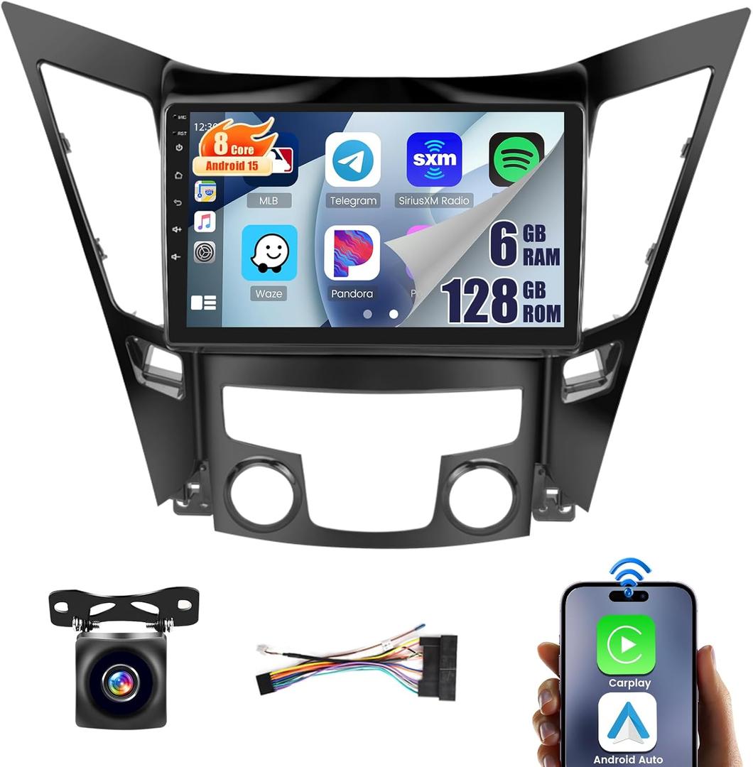 8Core 6+128G Car Stereo for Hyundai Sonata 2010-2015 with Wireless Carplay Android Auto, 9 Inch Android 15 1280 * 720 Touch Screen Car Radio with 59UI DSP BT 5.0 GPS WiFi SWC+ AHD Backup Camera Mic