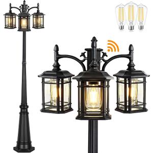 PARTPHONER Dusk to Dawn Outdoor Lamp Post Lights, Black Light Pole with Clear Glass Panels (3 LED Bulbs Included), 3-Head Hardwired Waterproof Outside Street Lights for Backyard Garden Driveway