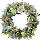 Easter Wreaths for Front Door, 20 inch Easter Door Wreath Decorations with Eggs Lambs Ear Leaves, Artificial Spring Wreath with Hydrangeas Flowers for Home Wall Window Farmhouse Decor