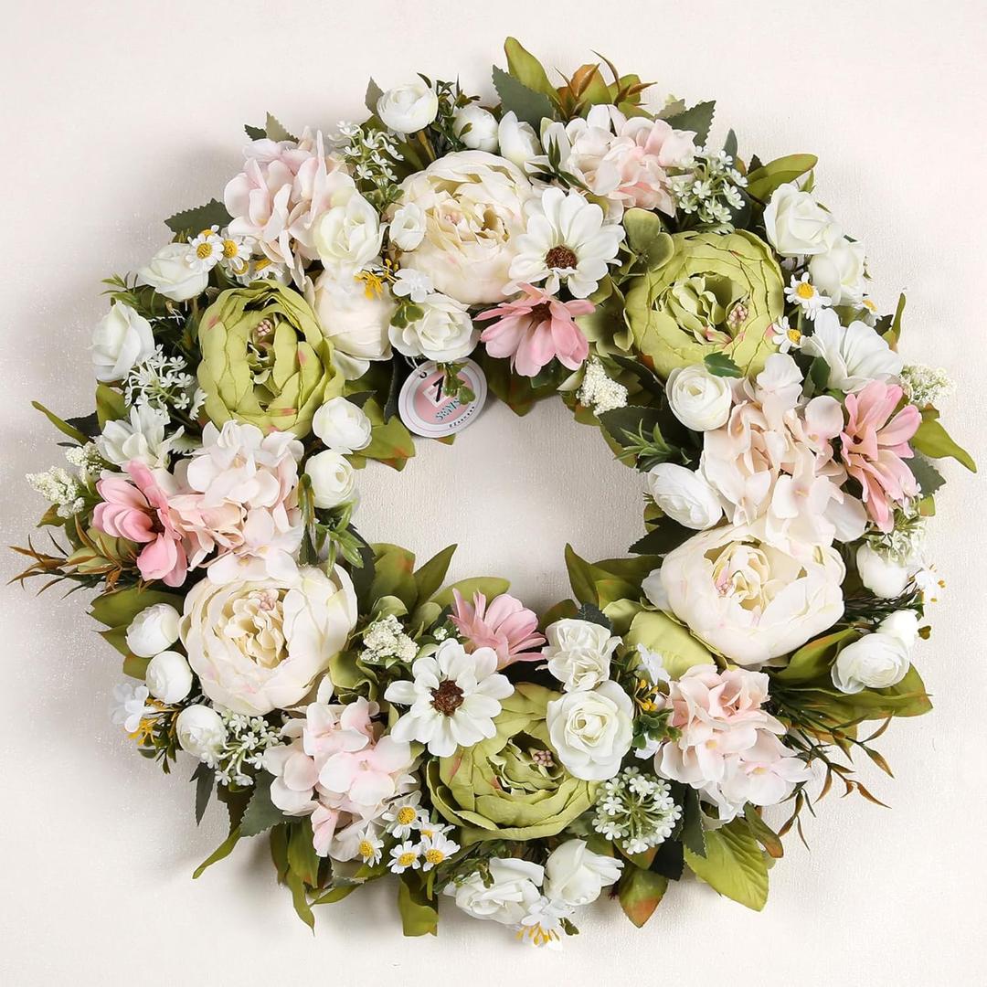 Peony Wreath 18'' Spring Wreaths for Front Door, Artificial Large Floral Wreath for Front Door Wall Decor, Valentines Day Home Wedding Housewarming Gift EZsenses (Green)