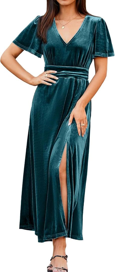 Simplee Women's Velvet Maxi Dress V Neck Short Sleeve Empire Waist Semi Formal Long Cocktail Dresses (Green)