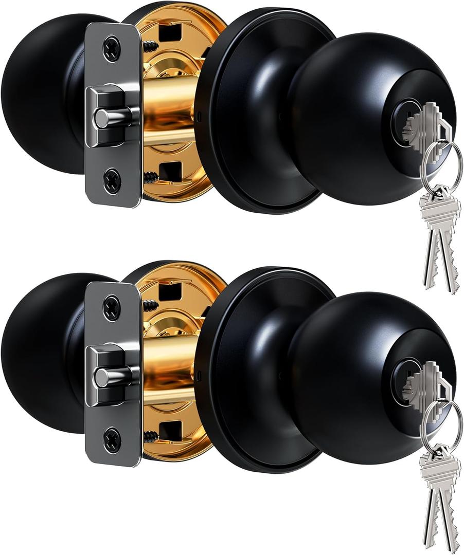 Veise Keys Alike Door Knob Set 2-Pack, Bedroom Door Lock with Keys, Heavy-Duty Rust-Proof Construction, Door Handle for Exterior Interior Security, Easy to Install, Matte Black