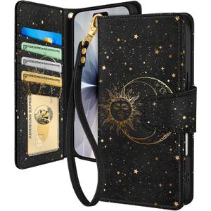 Toycamp for iPhone 17 Wallet Case with Wrist Strap - Leather Flip Folio Phone Case with RFID Blocking 4 Card Holder for Apple for iPhone 17 Funda Cute Aesthetic for Women Ladies, Sun and Moon