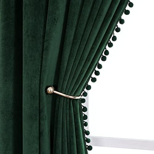 VANASEE Pompom Velvet Curtains for Bedroom Rod Pocket 52x96 inch Soft Blackout Window Curtains Room Darkening Drape Light Blocking for Living Room 2 Panels,Green