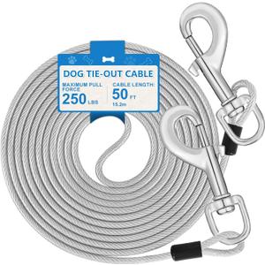 50ft Dog Tie Out Cable, Dog Leash Heavy Duty Tie Out Cable for Large Dogs Up to 250lbs Pull Force, Dogs Runner for Yard Outdoor and Camping, Super, Silver