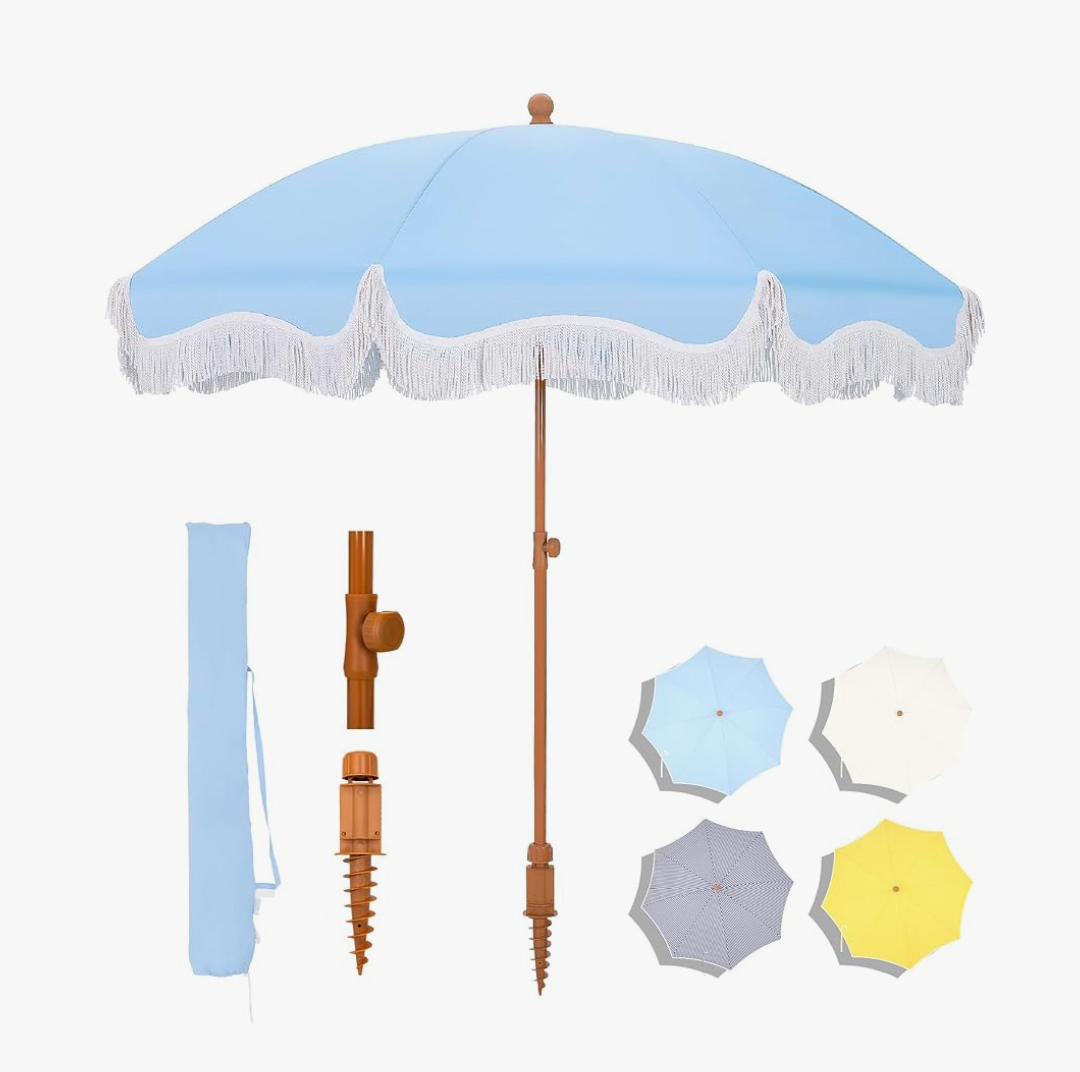 MFSTUDIO 7ft Patio Beach Umbrella with Fringe, Tassel Umbrellas with Sand Anchor & Tilt Button, Holiday Outdoor Umbrella with Carry Bag