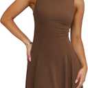 Women's Boat Neck Sleeveless Mini Dress Asymmetric Hem A-Line Summer Party Club Dress (Coffee), Large
