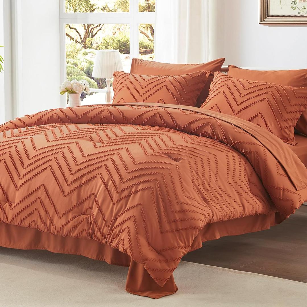 Anluoer King Bed in a Bag 7 Pieces, Burnt Orange Tufted Comforter Set with Comforter, Pillow Shams, Pillowcases, Flat Sheet, Fitted Sheet