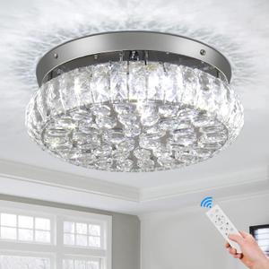 12.5" Dimmable Crystal Chandelier Semi Flush Mount Ceiling Light with Remote Control Round LED Chandeliers for Hallway Foyer Dining Room Living Room (Remote Control)