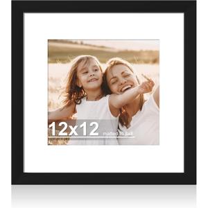 Hongkee 12x12 Picture Frame with Real Glass - 8x8 Wooden Frame with Mat, Horizontal and Vertical Display for Wall or Tabletop (Black, 1 Pack)