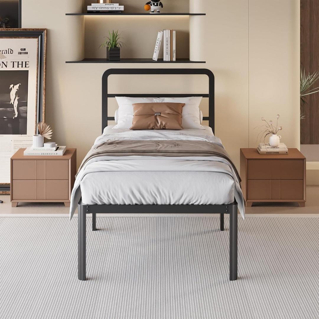 18 Inch Twin Bed Frames with Headboard, Heavy Duty Metal Twin Size Platform Bed Frame with Rounded Corner Legs, No Box Spring Needed, Noise Free, Easy Assembly, Black