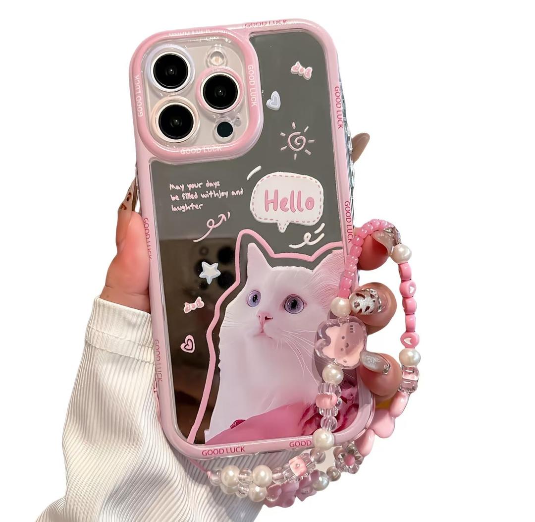 Pretaco for iPhone 14 Pro Case, [Cute White Cat Pattern][Shiny Mirror Case][2-in-1 Bead Wrist Strap], Soft TPU Frame, Shockproof and Drop-Proof, Suitable for Women & Girls