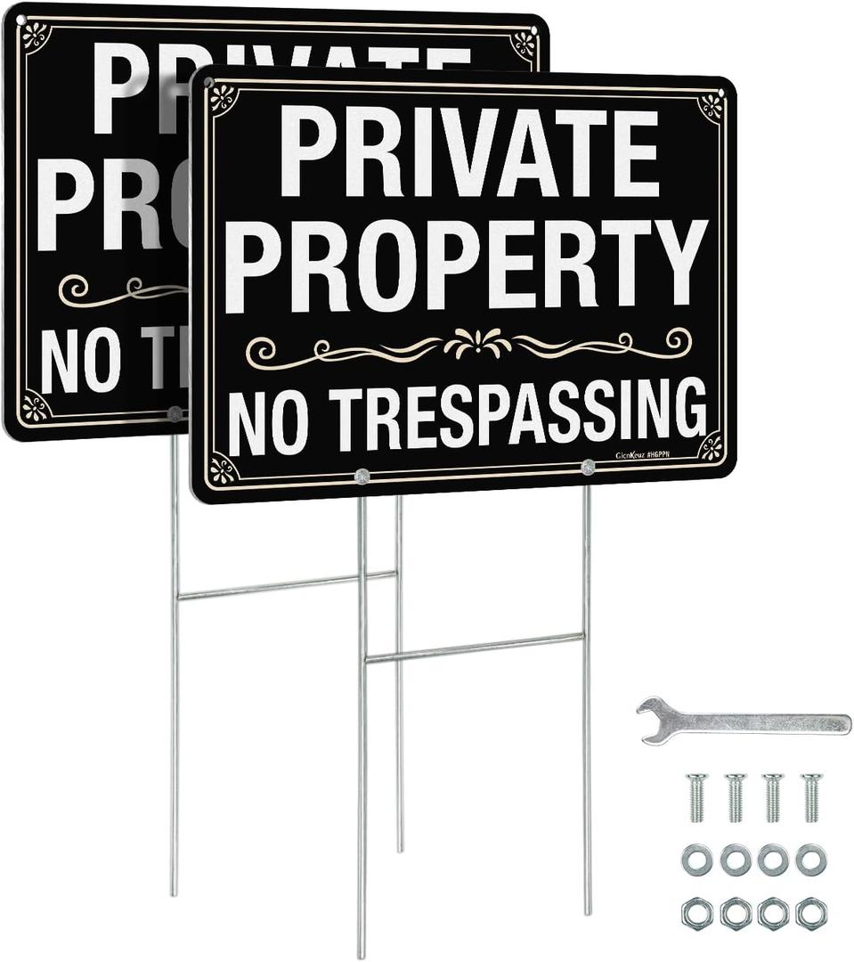 GicnKeuz Large No Trespassing Signs Private Property Sign with H-stakes, 14"10" Aluminum Sign, Including Screws, Fade Resistant/Waterproof, Easy to Install, Outdoor Use (2 Pack)