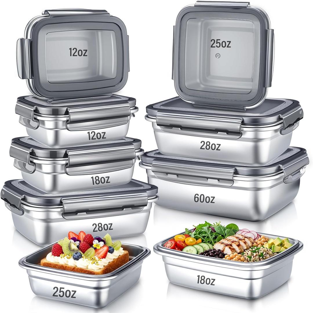 9 Pcs Stainless Steel Food Containers with Lids, Square Airtight Bento Lunch Boxes Metal Snack Containers Sandwiches Storage Container for Home Office Pinic Travel (12 18 25 28 60oz)