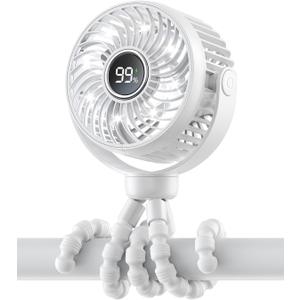 Mini Portable Stroller Fan for Travel,360 Rotation,4-Speed LED Night Light Clip on Fans Operated by Rechargeable Battery, Cordless Fan with Tripod Car Seat Baby Pram (White)