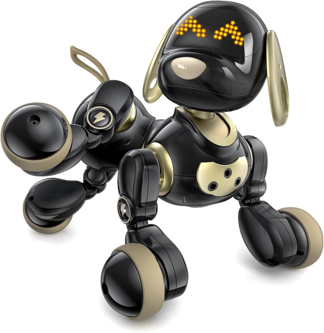 Ruko 18011 Robot Dog Toy, Smart Interactive Puppy with 30+ LED Faces, Remote & Gesture Control, Programmable Electronic Pet for Kids Ages 38, Black & Gold