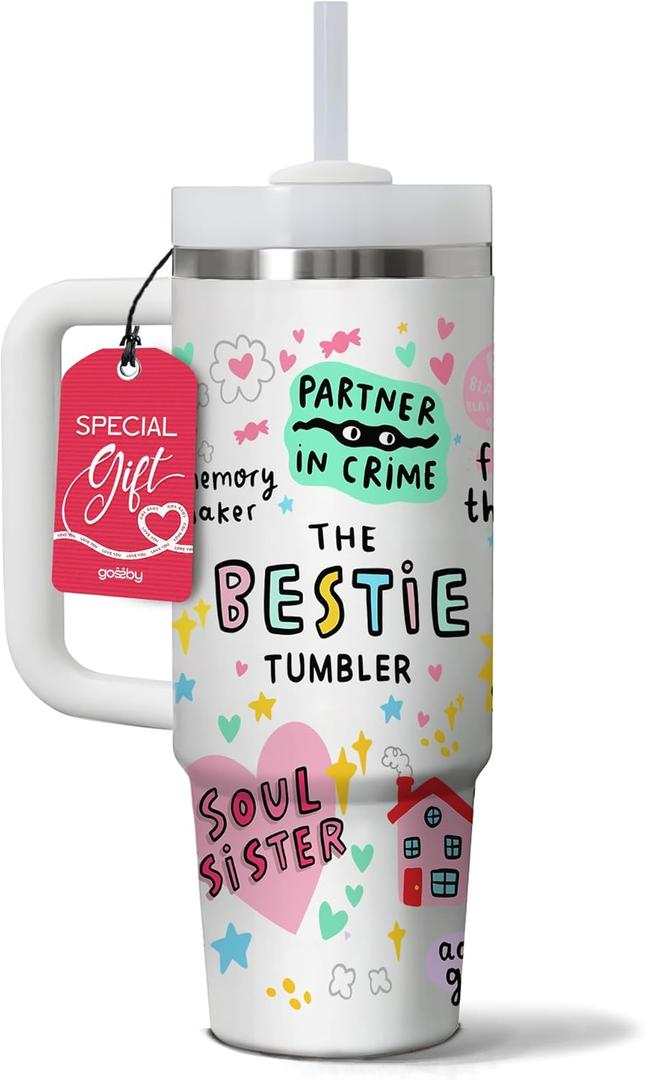 Gossby Bestie Gift for Women - 30oz THE BESTIE TUMBLER - Friend Tumbler for Women - Christmas, Birthday, Friendship Gifts - Funny Best Friend Gift - Stainless Steel Insulated Travel Mug with Handle