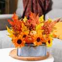 Winlyn 10" Fall Floral Arrangement in Galvanized Metal Oval Planter Artificial Autumn Harvest Maple Leaf Floral Stems Faux Potted Plants Table Centerpiece for Farmhouse Wedding Home Mantel Dcor