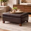 HomePop Faux Leather Square Storage Ottoman with Wood Legs, Distressed Brown