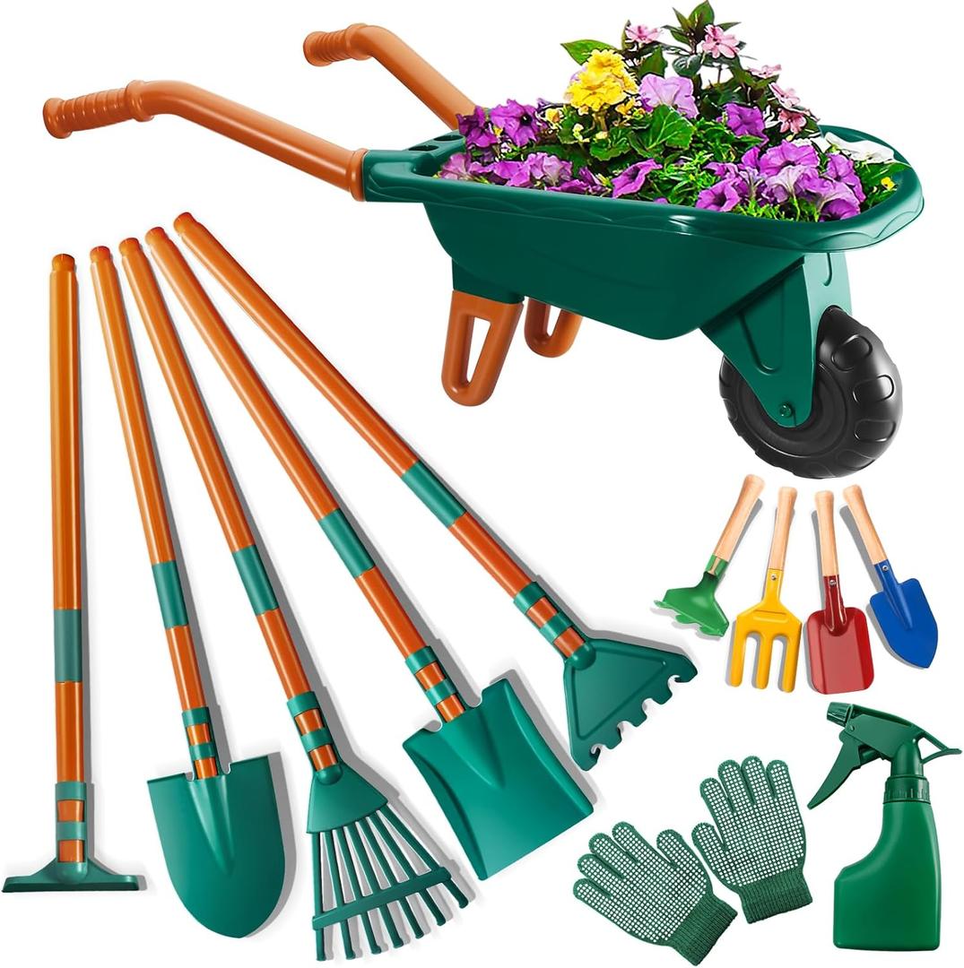 Kids Gardening Set-Kids Gardening Tools Wheelbarrow Set with Shovel, Leaf Rake, Gloves, Spray Bottle-Toddler Gardening Set Play Outdoor Educational STEM Learning for Boys Girls Age 3+ (12pcs-green)