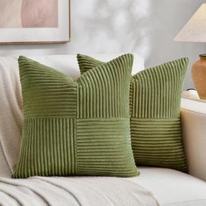 Fancy Homi 2 Packs Moss Green Decorative Throw Pillow Covers 18x18 Inch for Living Room Couch Bed Sofa, Farmhouse Boho Home Decor, Soft Corss Corduroy Patchwork Textured Square Cushion Case 45x45 cm