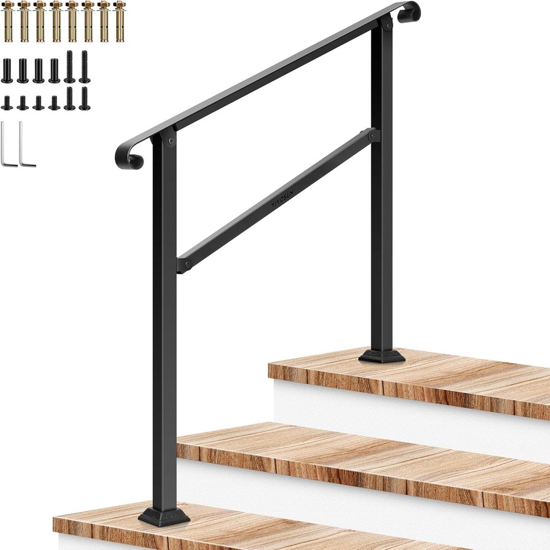 VIVOSUN Outdoor Handrail, 3 Step Stair Handrail, 40" x 36" Fits 1 to 3 Steps, Wrought Mattle Iron Stair Railing with Curved Ends for Concrete Steps, Porch Steps, One-Step Assembly, Black