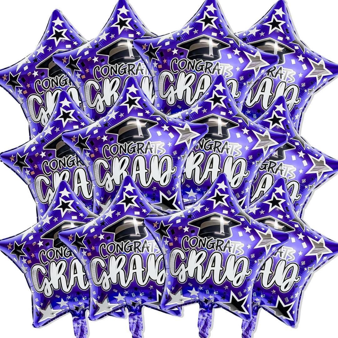 12 Pcs Congrats Grad Foil Balloons, Purple Star Graduation Mylar Balloons for Kindergarten High School College Graduation Party Decorations Supplies Grad Photo Props