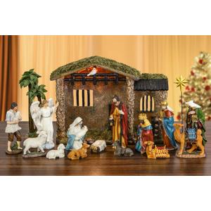 Fovths 17 Pieces Lighted Nativity Christmas Nativity Stable Manger Religious Nativity Stable Manger Figurine Resin Decor for Deluxe Edition Led Nativity Tabletop Holiday Centerpieces Decor, 7 Inch