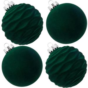 CristBest Velvet Christmas Balls Large Hanging Shatterproof Flocked Christmas Tree Ornaments for Xmas Tree Hanging, Holiday Wedding Party Decorations and Home Decorations (Dark Green, 4" (4pcs))