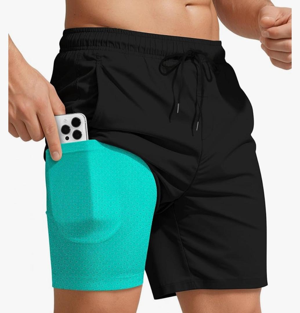 Yufawow Men Swim Trunks with Compression 7 Inches Breathable Liner Quick Dry Zipper Pockets for Board Beach Gym Running, L